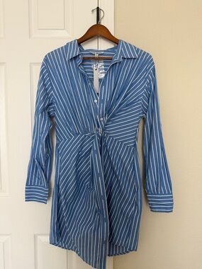 Steve Madden Blue and White Striped Tie-Front Shirt Dress